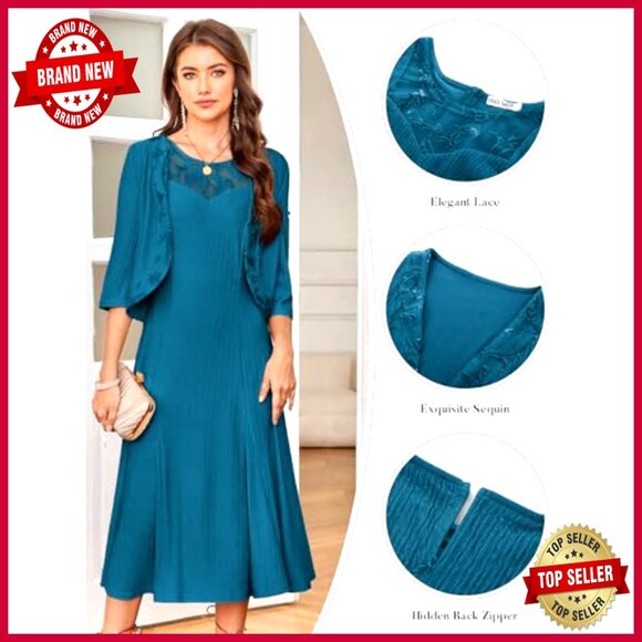 Elegant Lace Midi Dress Set Formal Evening Wear A Line Fit Chic Party - Picture 3 of 4